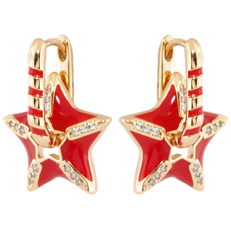 Серьги Xuping Позолота 18K подвески на колечках Звезды с цирконием и красной эмалью 2 в 1 фото №1 Серьги Xuping Позолота 18K подвески на колечках Звезды с цирконием и красной эмалью 2 в 1 фото №1