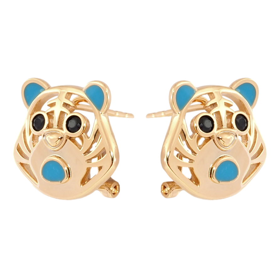Серьги Xuping Позолота 18K итальянский замок Тигры с голубой эмалью и черным цирконием фото №1 Серьги Xuping Позолота 18K итальянский замок Тигры с голубой эмалью и черным цирконием фото №1