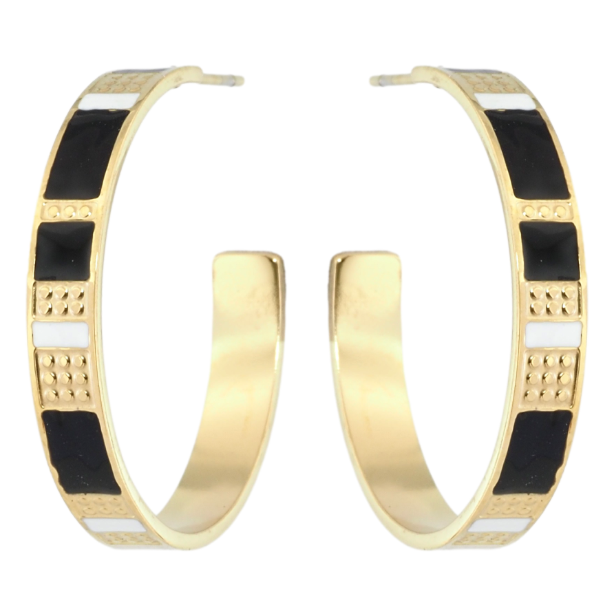 Серьги Xuping TTM Stainless Steel цвет 14K пусеты Дуги с узором черно-белой эмалью фото №1 Серьги Xuping TTM Stainless Steel цвет 14K пусеты Дуги с узором черно-белой эмалью фото №1