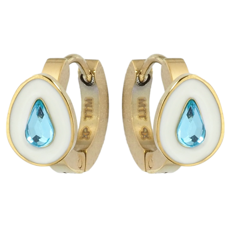 Сережки Xuping TTM Stainless Steel колір 14K колечка Крапельки з блакитними кристалами та білою емаллю фото №3 Сережки Xuping TTM Stainless Steel колір 14K колечка Крапельки з блакитними кристалами та білою емаллю фото №3