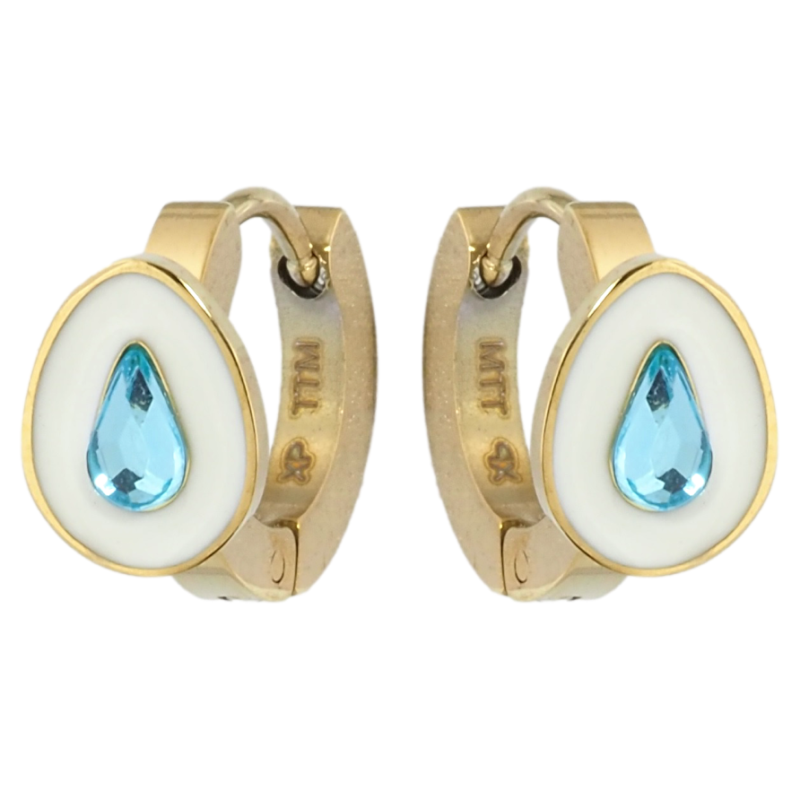 Сережки Xuping TTM Stainless Steel колір 14K колечка Крапельки з блакитними кристалами та білою емаллю фото №1 Сережки Xuping TTM Stainless Steel колір 14K колечка Крапельки з блакитними кристалами та білою емаллю фото №1