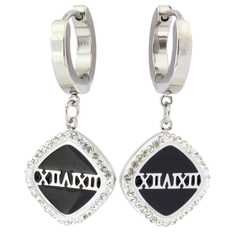 Сережки Xuping TTM Stainless Steel колір Родій підвіски на колечках Ромби з візерунком римські цифри і цирконій фото №3 Сережки Xuping TTM Stainless Steel колір Родій підвіски на колечках Ромби з візерунком римські цифри і цирконій фото №3