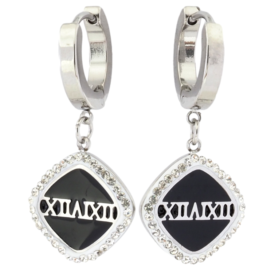 Серьги Xuping TTM Stainless Steel цвет Родий подвески на колечках Ромбы с узором римские цифры и цирконий фото №1 Серьги Xuping TTM Stainless Steel цвет Родий подвески на колечках Ромбы с узором римские цифры и цирконий фото №1