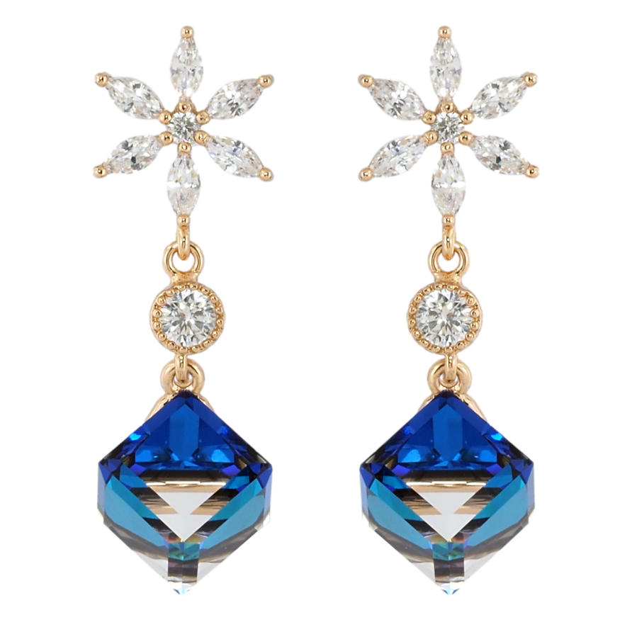 Сережки Xuping колір 18K з кристалами Swarovski пусети Кришталеві квіточки з кубиками Bermuda Blue фото №1 Сережки Xuping колір 18K з кристалами Swarovski пусети Кришталеві квіточки з кубиками Bermuda Blue фото №1