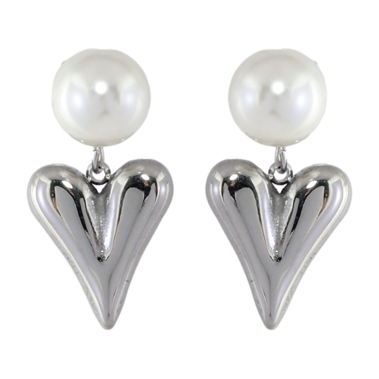 Серьги Xuping TTM Stainless Steel цвет Родий пусеты Сердечки с жемчужными бусинами фото №1