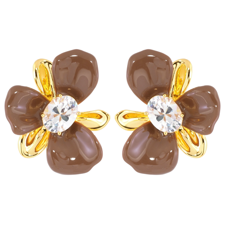 Серьги Xuping JEAN GOUJON Позолота 14K пусеты Цветочки с коричневой эмалью и фианитами фото №1 Серьги Xuping JEAN GOUJON Позолота 14K пусеты Цветочки с коричневой эмалью и фианитами фото №1