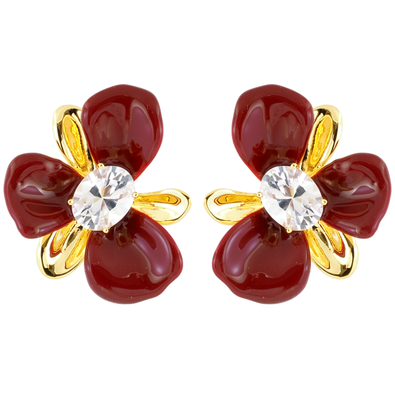 Серьги Xuping JEAN GOUJON Позолота 14K пусеты Цветочки с бордовой эмалью и фианитами фото №2