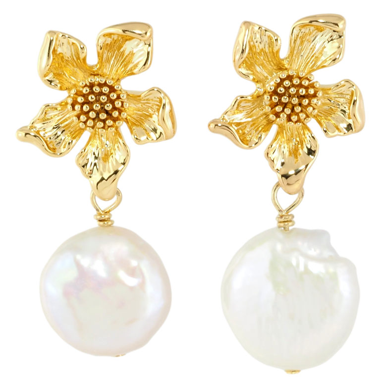 Серьги Xuping JEAN GOUJON Позолота 14K пусеты Цветочки с жемчужными подвесками фото №8