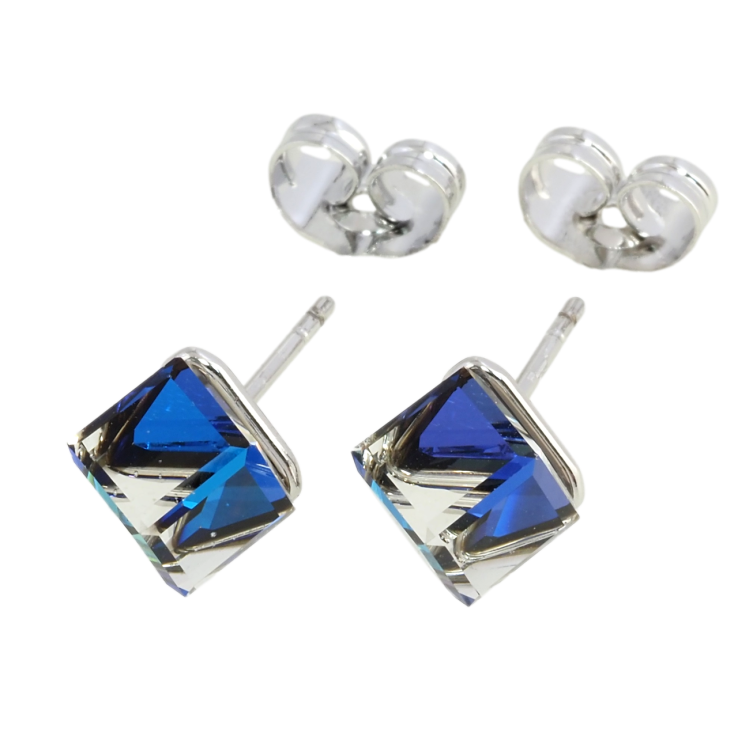 Сережки Xuping колір Родій з кристалами Swarovski пусети Кришталеві кубики Capri Blue» 6х6мм фото №17