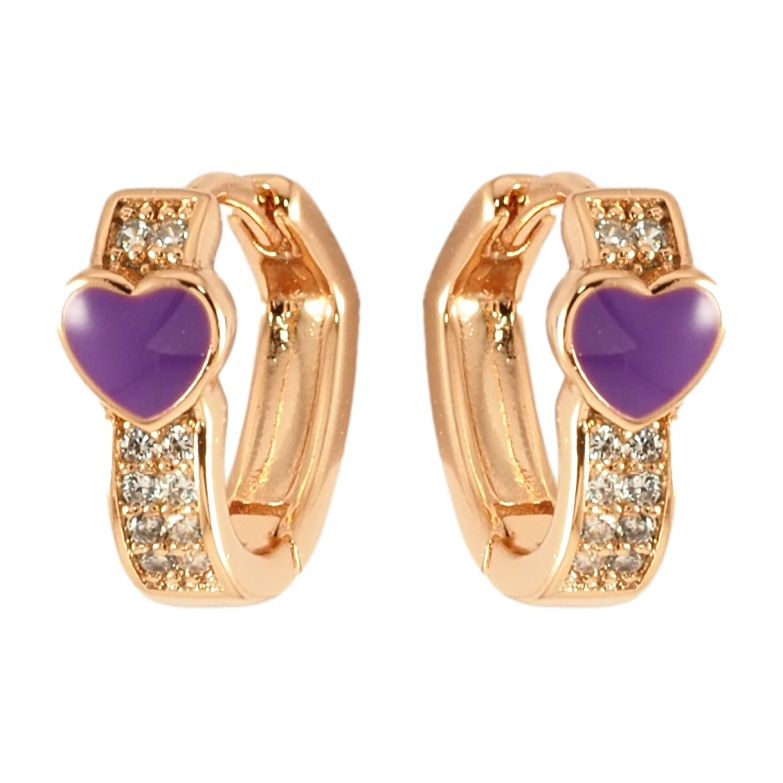 Серьги Xuping Позолота 18K колечки Инкрустация цирконием и сердечко с сиреневой эмалью фото №1 Серьги Xuping Позолота 18K колечки Инкрустация цирконием и сердечко с сиреневой эмалью фото №1