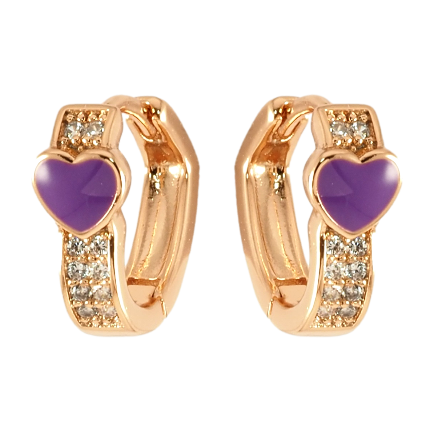 Серьги Xuping Позолота 18K колечки Инкрустация цирконием и сердечко с сиреневой эмалью фото №1 Серьги Xuping Позолота 18K колечки Инкрустация цирконием и сердечко с сиреневой эмалью фото №1