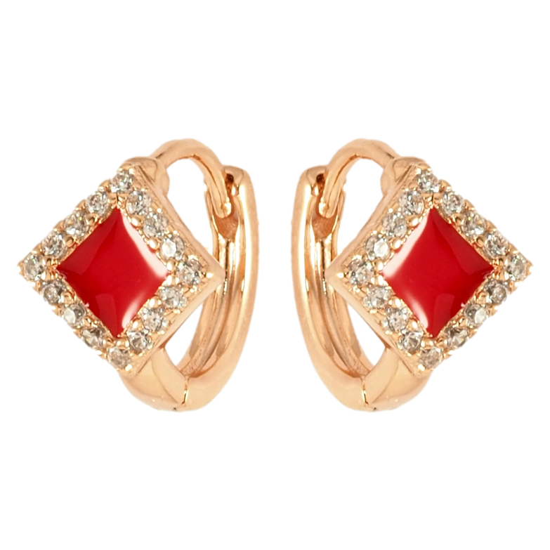 Сережки Xuping Позолота 18K колечка Ромбовий візерунок з червоною емаллю і цирконієм фото №2 Сережки Xuping Позолота 18K колечка Ромбовий візерунок з червоною емаллю і цирконієм фото №2