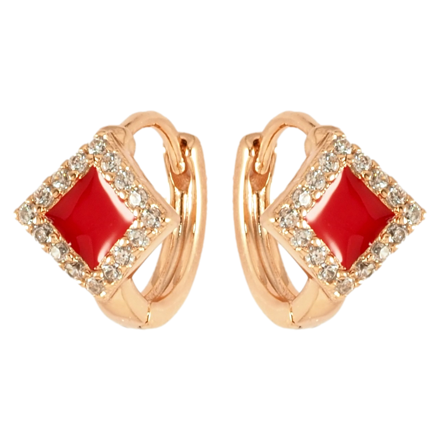 Серьги Xuping Позолота 18K колечки Ромбовый узор с красной эмалью и цирконием фото №1 Серьги Xuping Позолота 18K колечки Ромбовый узор с красной эмалью и цирконием фото №1
