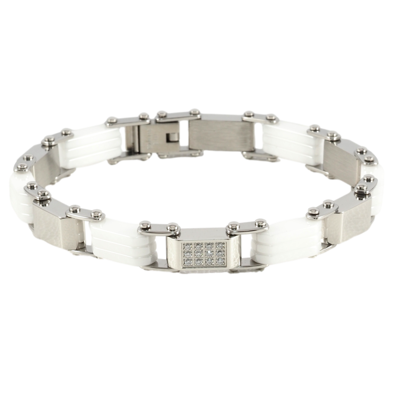 Браслет Xuping ТТМ Stainless Steel колір Родій Ланки з білої кераміки та цирконієм розмір 20см х 6-8мм фото №2 Браслет Xuping ТТМ Stainless Steel колір Родій Ланки з білої кераміки та цирконієм розмір 20см х 6-8мм фото №2