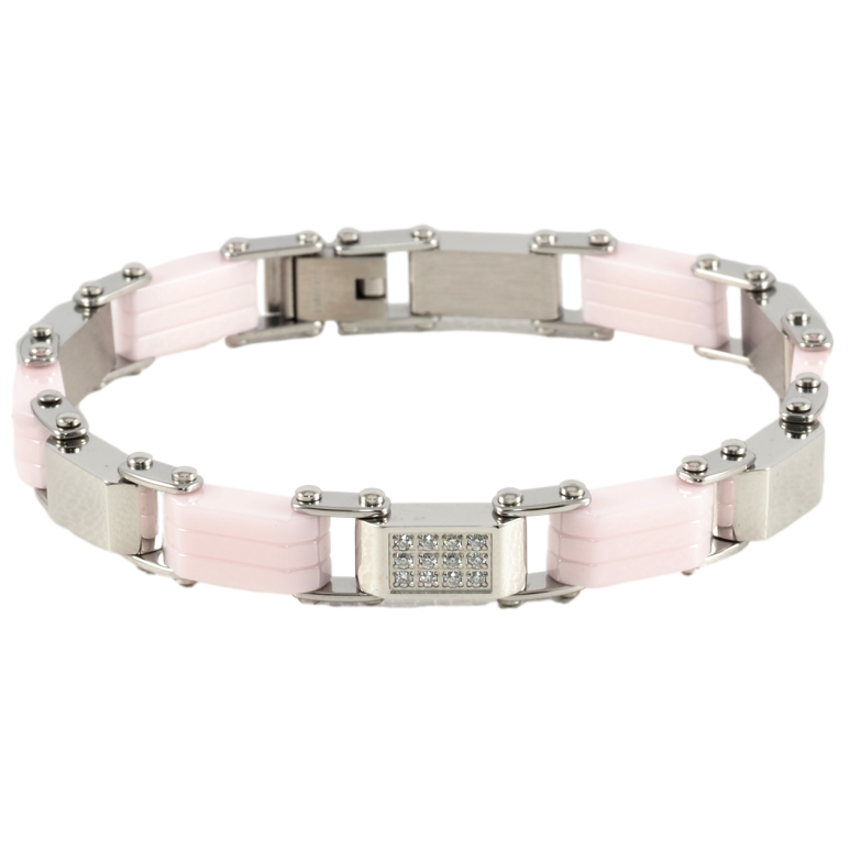 Браслет Xuping ТТМ Stainless Steel колір Родій Ланки з рожевої кераміки та цирконієм розмір 20см х 6-8мм фото №2 Браслет Xuping ТТМ Stainless Steel колір Родій Ланки з рожевої кераміки та цирконієм розмір 20см х 6-8мм фото №2
