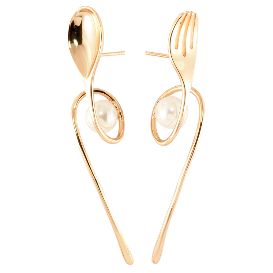 Серьги Xuping Позолота 18K пусеты Ассиметричные ложка и вилка с жемчужинами фото №1 Серьги Xuping Позолота 18K пусеты Ассиметричные ложка и вилка с жемчужинами фото №1