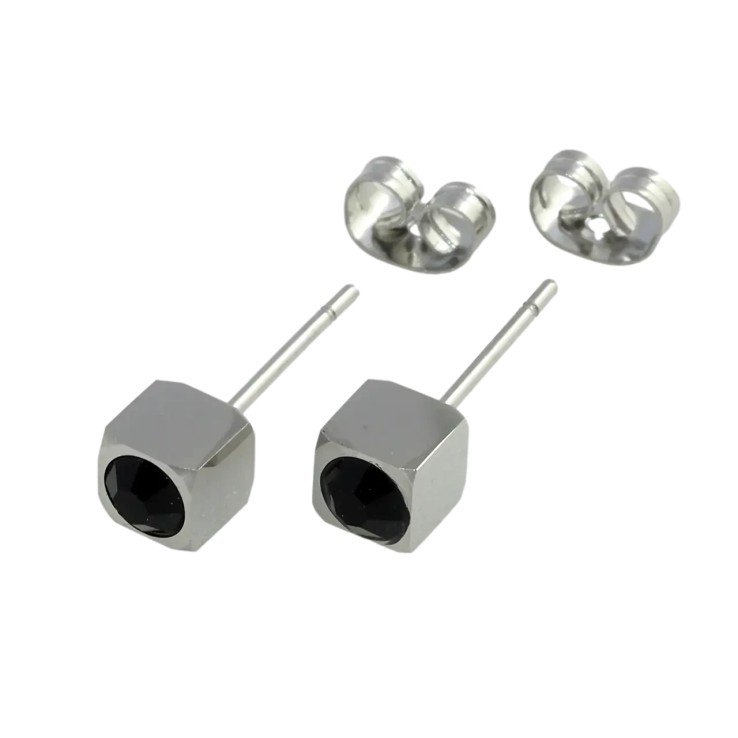 Серьги Xuping TTM Stainless Steel Белый оттенок пуссеты Кубики с черными фианитами 5х5мм фото №25