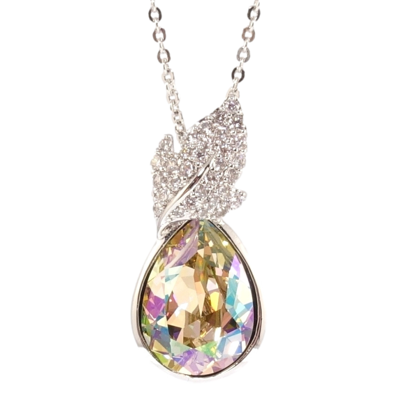 Кулон Xuping цвет Родий с кр-ми Swarovski на цепочке Кристальная капелька Luminous Green с листиком дл. фото №1