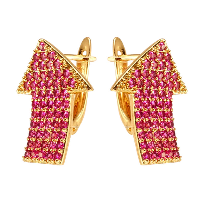 Серьги Xuping Позолота 18K английский замок Изогнутые стрелочки с дорожками малинового циркония фото №3 Серьги Xuping Позолота 18K английский замок Изогнутые стрелочки с дорожками малинового циркония фото №3