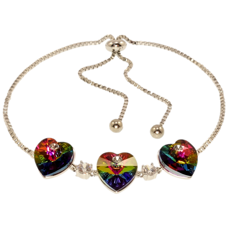 Браслет Xuping цвет Родий с кр-ми Swarovski Три сердечка Vitrail Medium на цепочке на бегунке 12-28см х 2мм фото №7