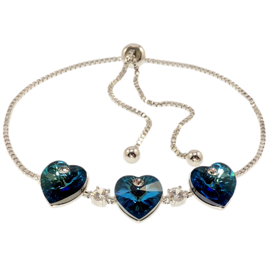 Браслет Xuping цвет Родий с кр-ми Swarovski Три сердечка Metallic Blue на цепочке на бегунке 12-28см х 2мм фото №1 Браслет Xuping цвет Родий с кр-ми Swarovski Три сердечка Metallic Blue на цепочке на бегунке 12-28см х 2мм фото №1