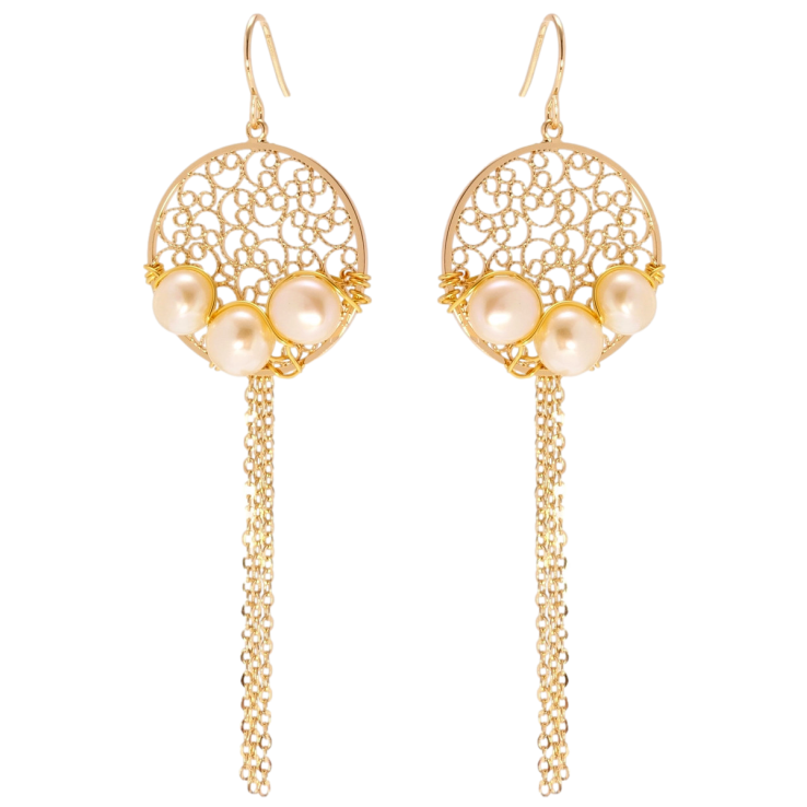 Серьги Xuping Позолота 18K французский замок Ажурные колечки с жемчугом и цепочками фото №13