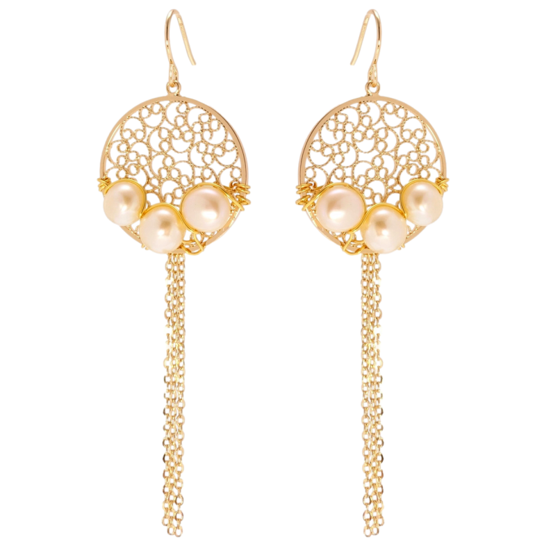 Серьги Xuping Позолота 18K французский замок Ажурные колечки с жемчугом и цепочками фото №8