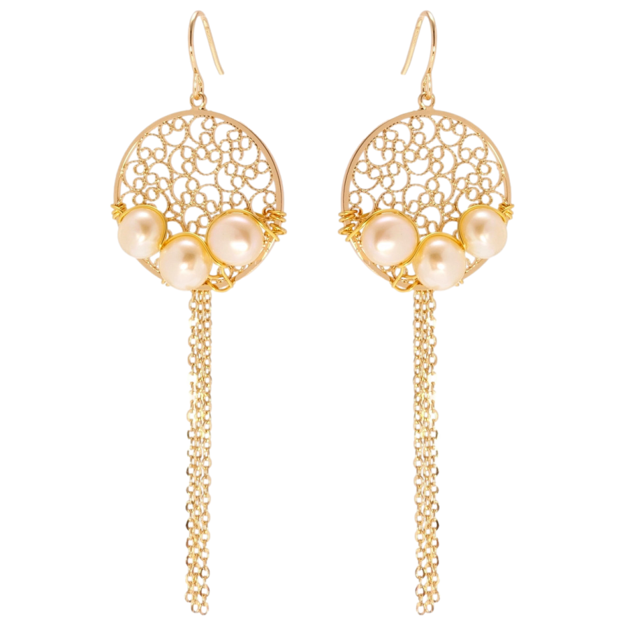 Серьги Xuping Позолота 18K французский замок Ажурные колечки с жемчугом и цепочками фото №1