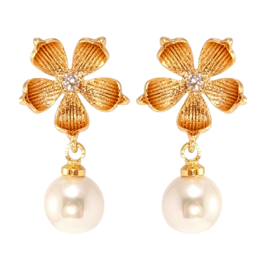 Серьги Xuping Позолота 18K пусеты Цветочки с жемчужными подвесками фото №1 Серьги Xuping Позолота 18K пусеты Цветочки с жемчужными подвесками фото №1