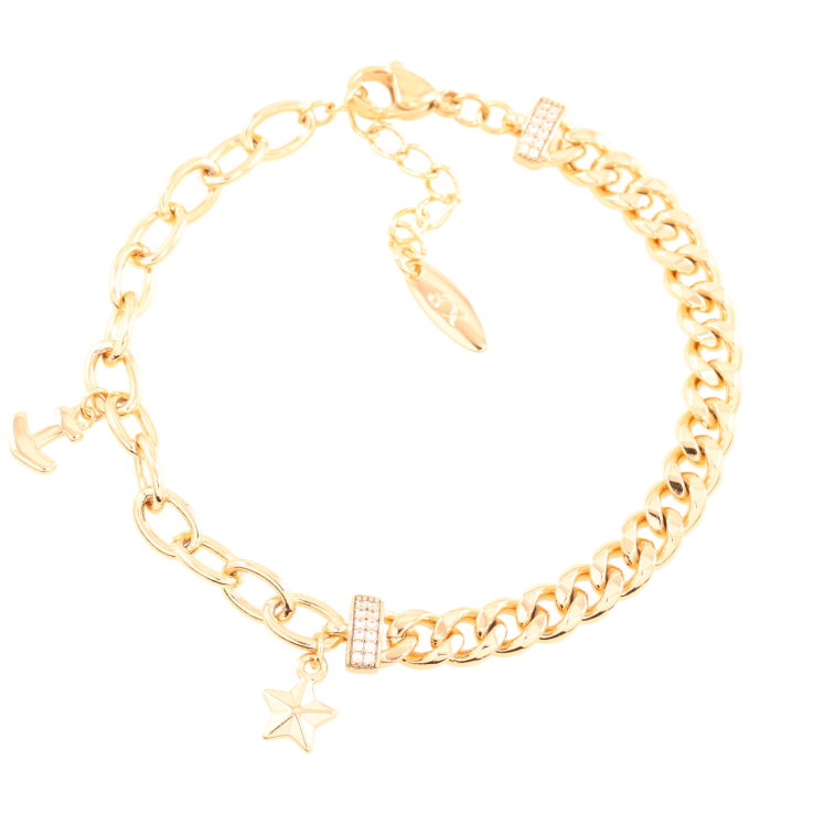 Браслет Xuping Позолота 18K Комбинированная цепочка с подвесками длинна с доп.цепочкой 18-21.5см х 6мм фото №10 Браслет Xuping Позолота 18K Комбинированная цепочка с подвесками длинна с доп.цепочкой 18-21.5см х 6мм фото №10