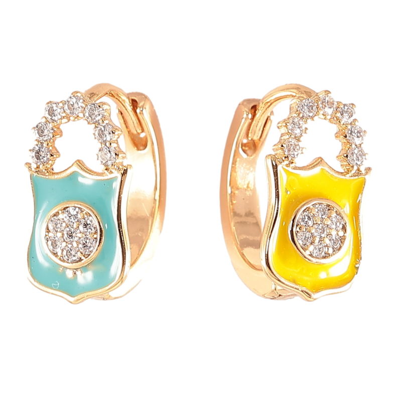 Сережки Xuping колір 18K колечка «Замочки з кристалами і жовто-блакитною емаллю» фото №8 Сережки Xuping колір 18K колечка «Замочки з кристалами і жовто-блакитною емаллю» фото №8