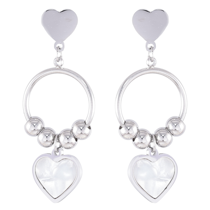 Серьги Xuping TTM Stainless Steel цвет Родий пусеты Подвески сердечки с перламутровыми вставками фото №3
