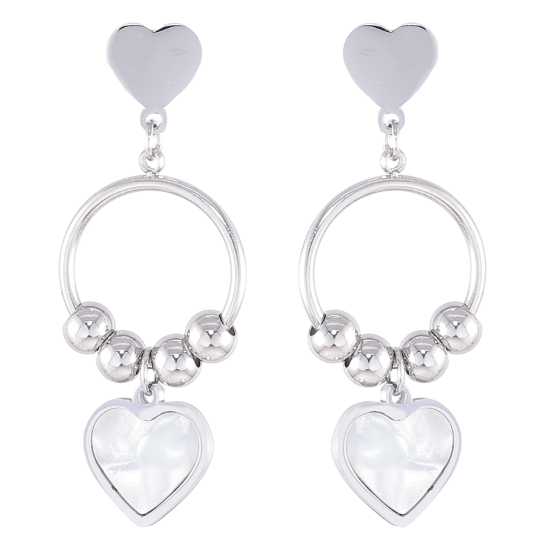 Серьги Xuping TTM Stainless Steel цвет Родий пусеты Подвески сердечки с перламутровыми вставками фото №3