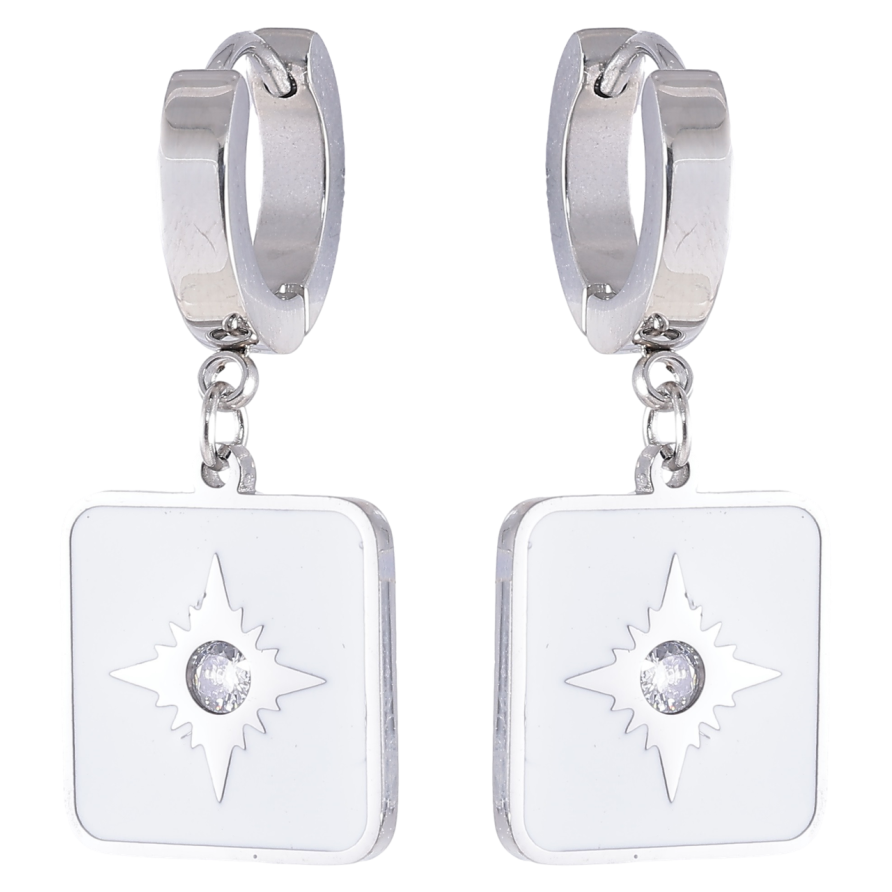 Серьги Xuping TTM Stainless Steel цвет Родий подвески на колечках Квадратные подвески с белой эмалью фото №1 Серьги Xuping TTM Stainless Steel цвет Родий подвески на колечках Квадратные подвески с белой эмалью фото №1