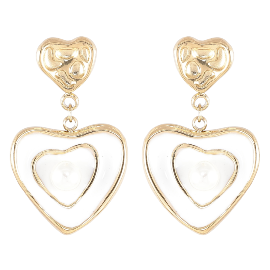 Сережки Xuping TTM Stainless Steel колір 14K пусети «Сердечка з білою емаллю» фото №1 Сережки Xuping TTM Stainless Steel колір 14K пусети «Сердечка з білою емаллю» фото №1