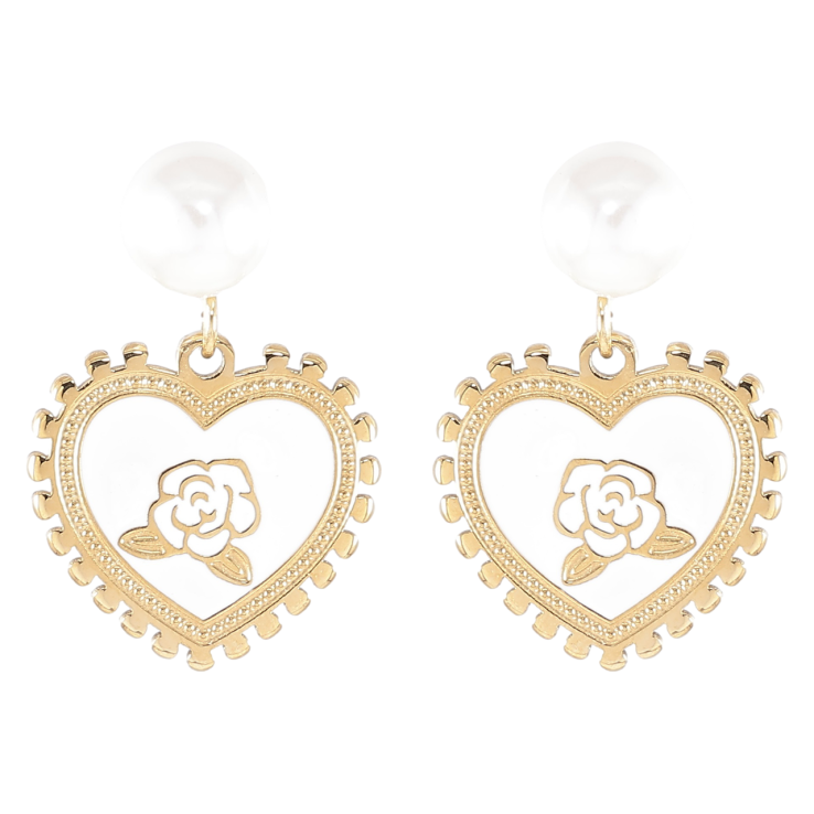 Серьги Xuping TTM Stainless Steel цвет 14K пусеты Сердечки с цветочным узором на белой эмали фото №9