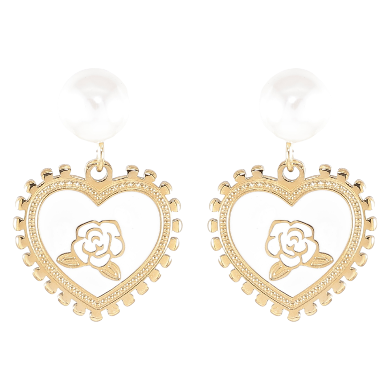 Сережки Xuping TTM Stainless Steel колір 14K пусети «Сердечка з квітковим візерунком на білій емалі» фото №2