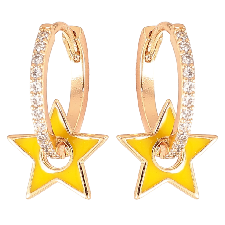 Серьги Xuping Позолота 18K подвески на колечках Звездочки с желтой эмалью и дорожками циркония 2 в 1 фото №4