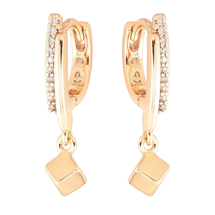 Серьги Xuping Позолота 18K подвески на колечках Кубики с дорожками циркония фото №3