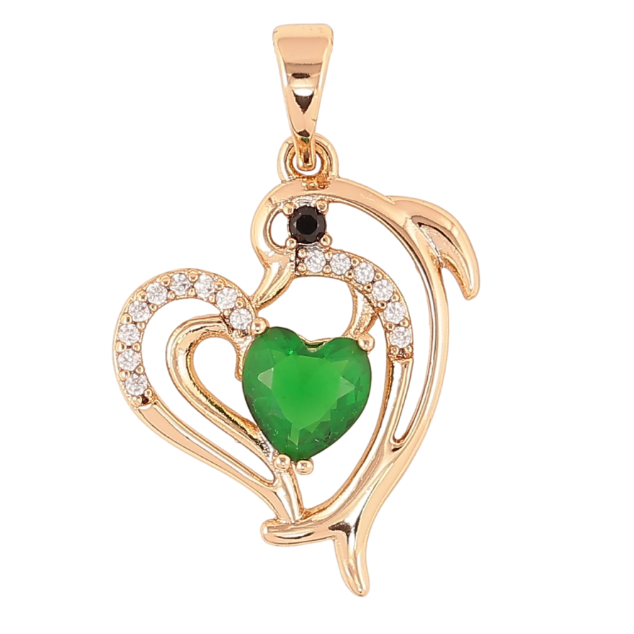 Кулон Xuping Позолота 18K Сердечко с дельфином и зеленым фианитом для цепочки до 5мм фото №1