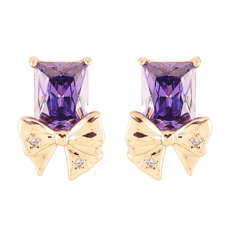 Серьги Xuping Позолота 18K пусеты Сиреневые фианиты с бантами фото №1