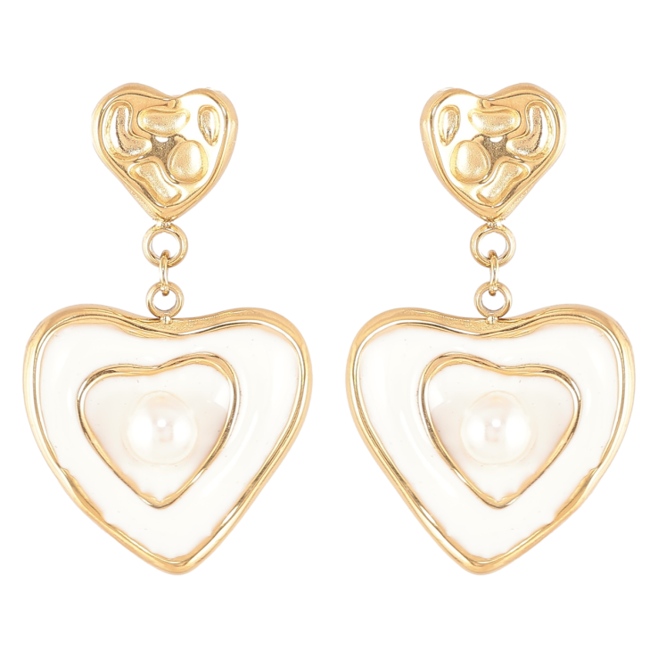 Серьги Xuping TTM Stainless Steel цвет 14К пусеты Сердечки с белой эмалью и жемчужинами фото №2 Серьги Xuping TTM Stainless Steel цвет 14К пусеты Сердечки с белой эмалью и жемчужинами фото №2