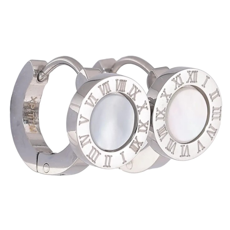 Серьги Xuping TTM Stainless Steel цвет Родий колечки Циферблат с перламутровыми вставками фото №14