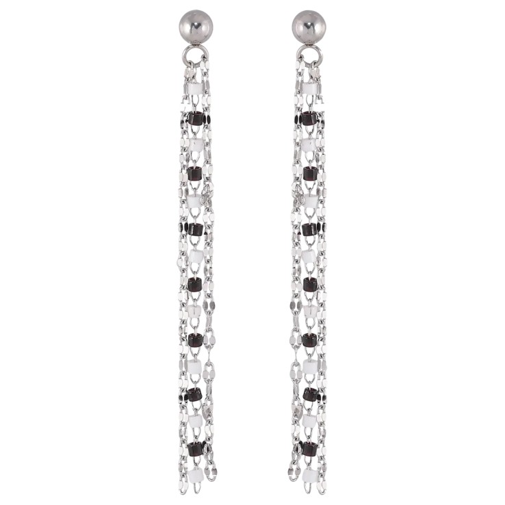 Серьги Xuping TTM Stainless Steel цвет Родий пусеты Подвески из цепочек с черно-белым бисером фото №2
