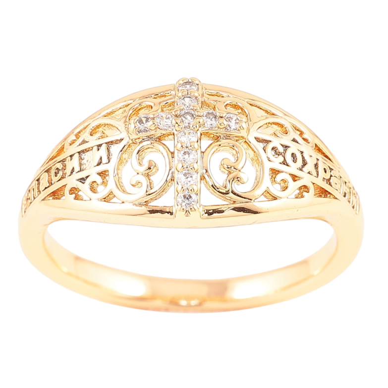 Кольцо Xuping Позолота 18K Надпись Спаси и Сохрани с Крестом фото №7