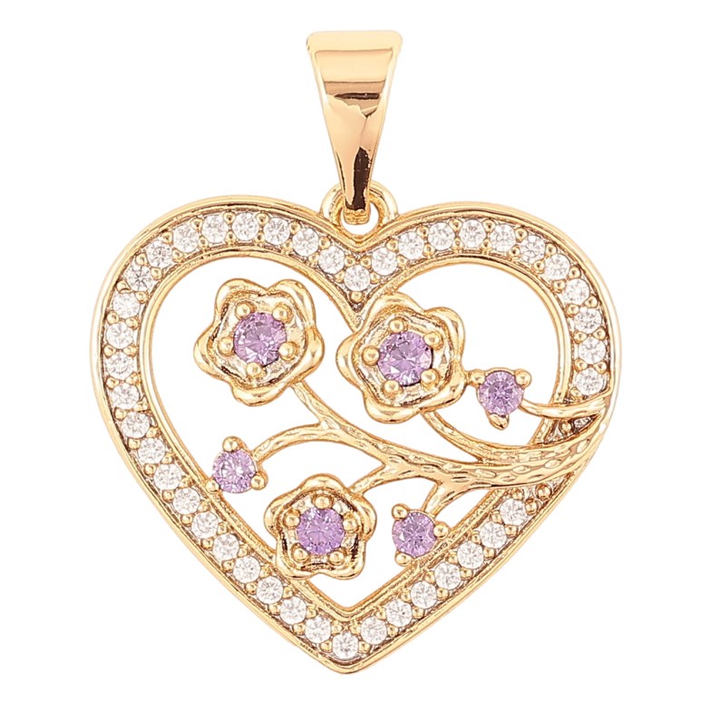 Кулон Xuping Позолота 18K Сердечко с цветочным узором и бело-сиреневым цирконием для цепочки до 7мм фото №4