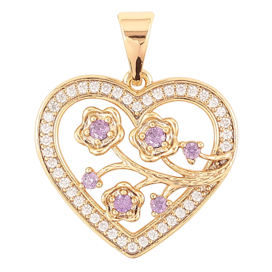 Кулон Xuping Позолота 18K «Сердечко з квітковим візерунком і біло-бузковим цирконієм» для ланцюжка до 7мм фото №1