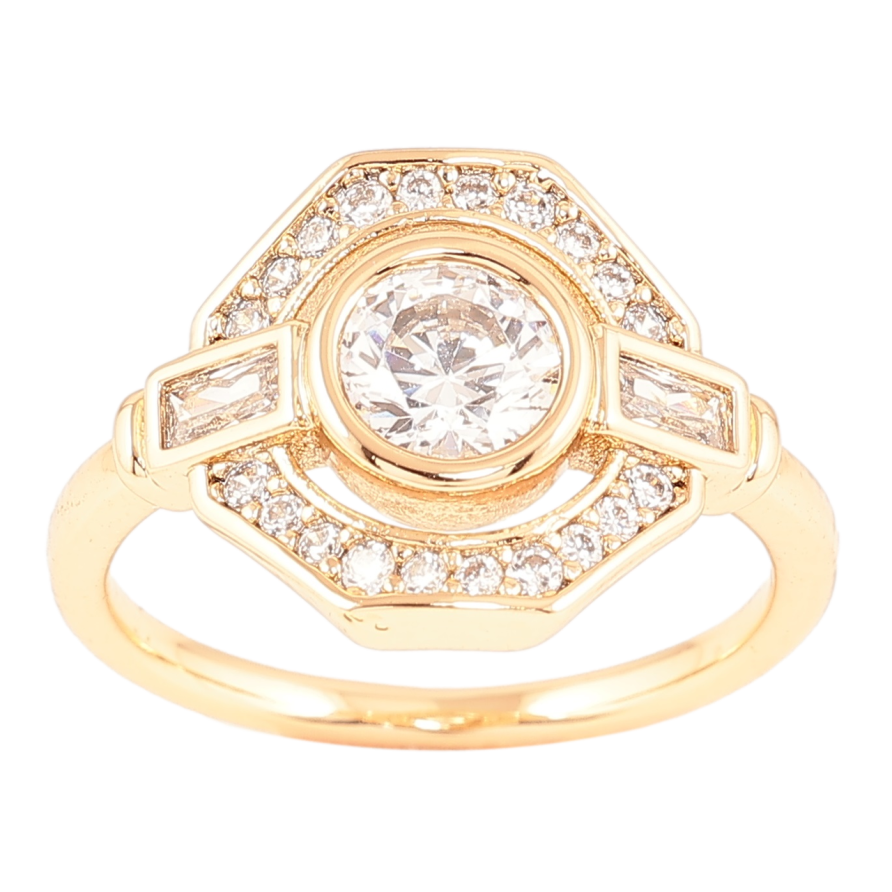 Каблучка Xuping Позолота 18K «Шестигранник з інкрустацією цирконієм» фото №1 Каблучка Xuping Позолота 18K «Шестигранник з інкрустацією цирконієм» фото №1