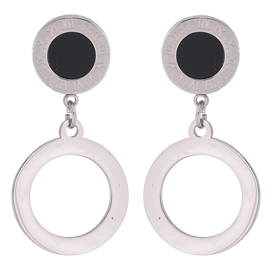 Сережки Xuping TTM Stainless Steel колір Родій пусети «Круглі підвіски з циферблатом і чорними вставками» фото №1 Сережки Xuping TTM Stainless Steel колір Родій пусети «Круглі підвіски з циферблатом і чорними вставками» фото №1