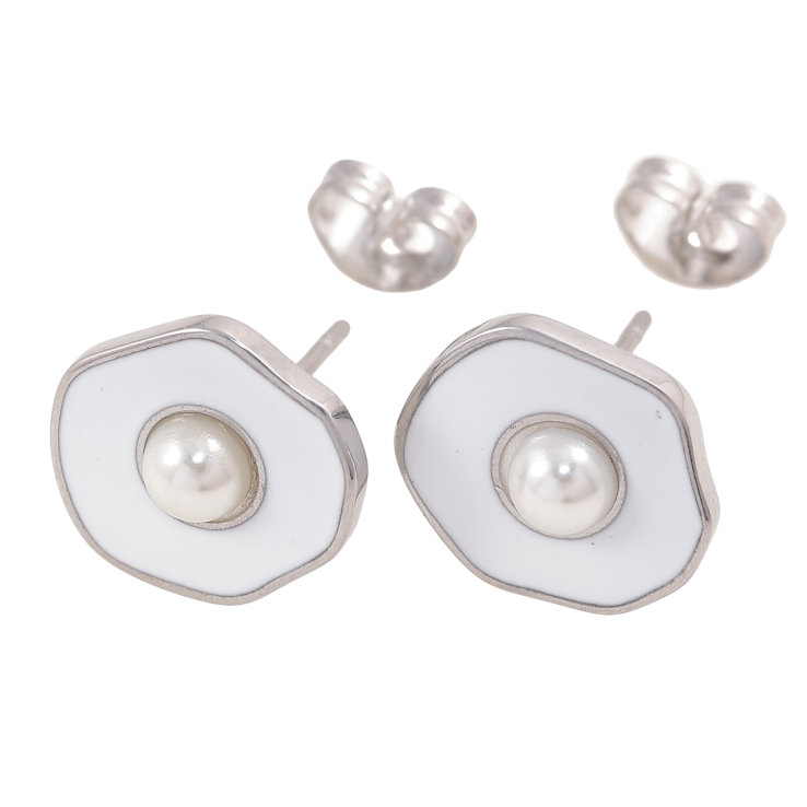 Серьги Xuping TTM Stainless Steel цвет Родий пусеты Фигурные с жемчужинами и белой эмалью фото №9 Серьги Xuping TTM Stainless Steel цвет Родий пусеты Фигурные с жемчужинами и белой эмалью фото №9